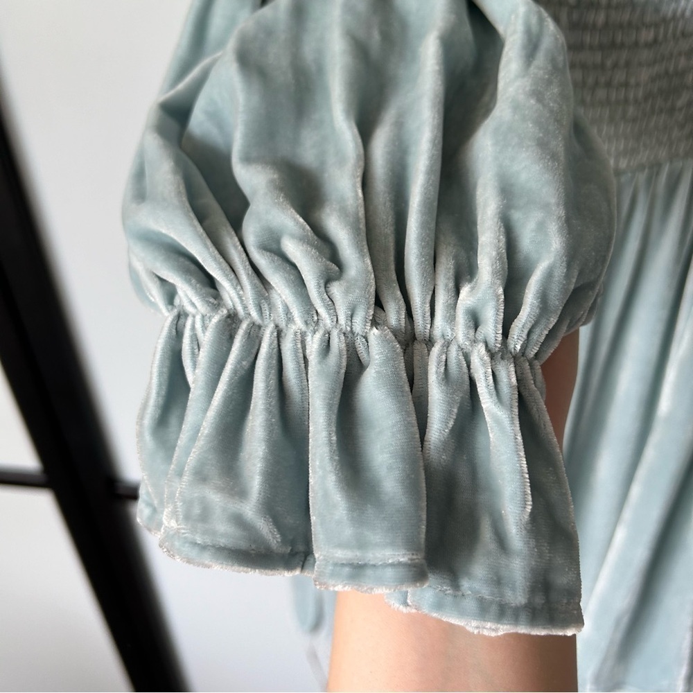 [M] BNWT Reformation Albi Dress In Turquoise Velvet Ruffle Sleeve Mini Dress - Picture 8 of 15